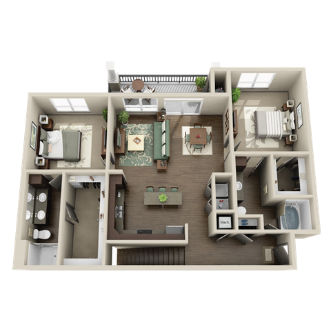 Floor plan for 2 beds, 2 baths, 1328 sqft